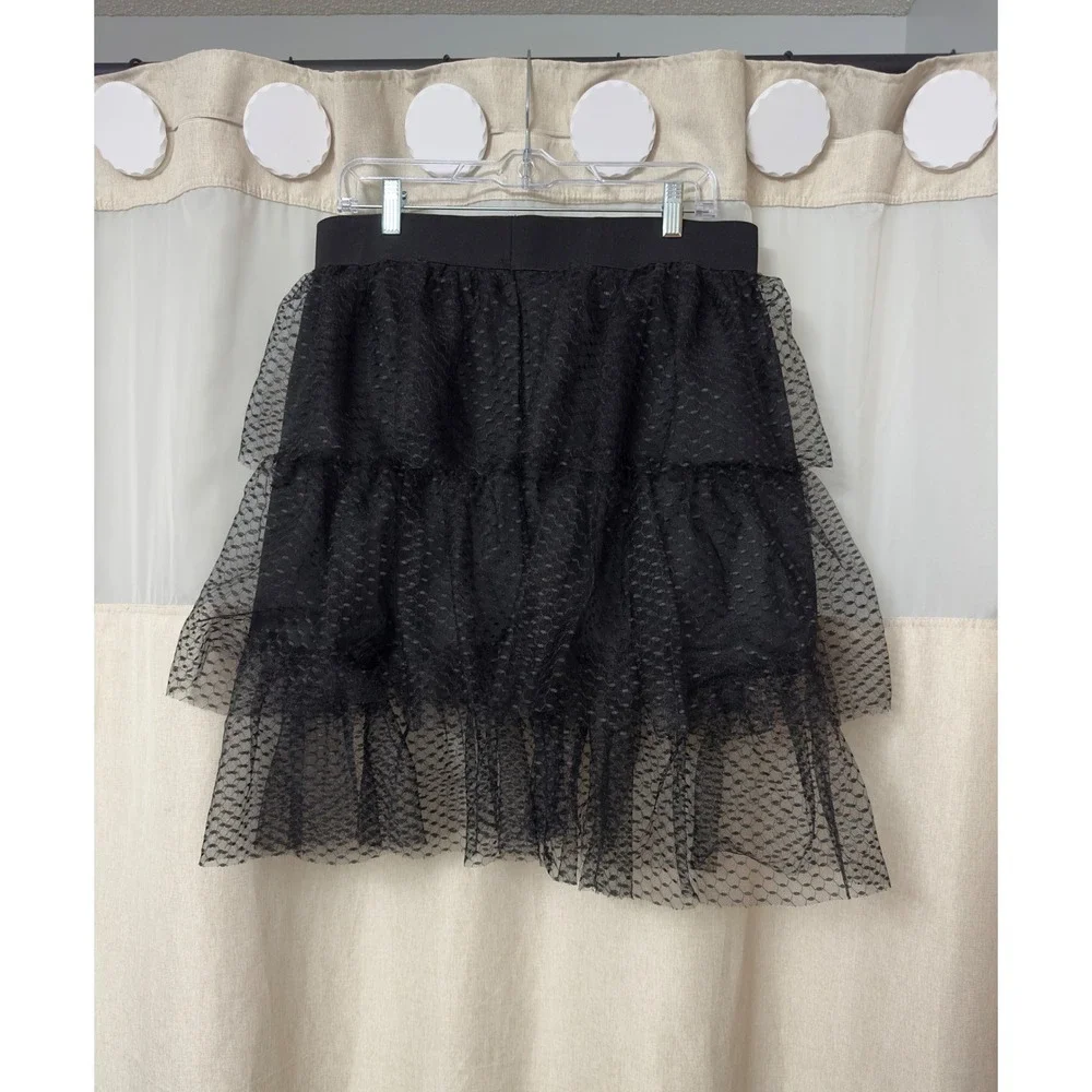 Black Tiered Tulle Midi Skirt Point d'Esprit Mesh Layered Tutu Gypsy Womens 1X‎